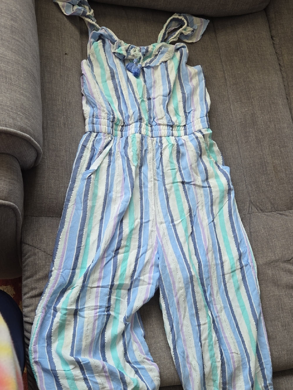Justice Striped Pastel Tie-Shoulder Jumpsuit in Blue, Green & Purple